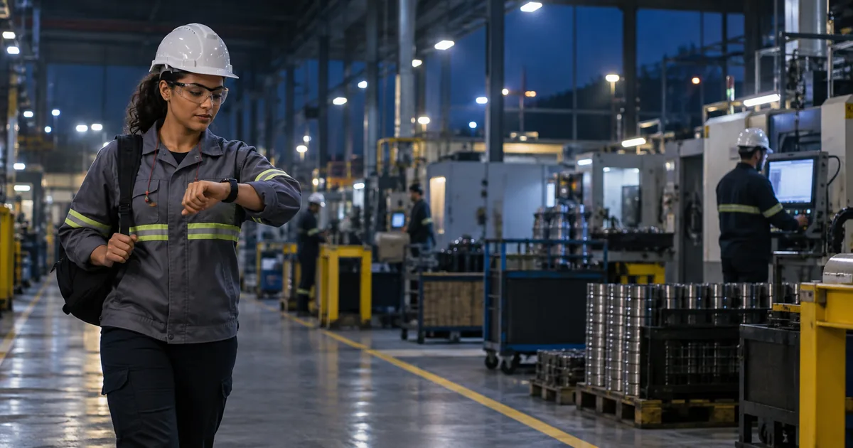 Trabalhadora inicia turno noturno em ambiente industrial