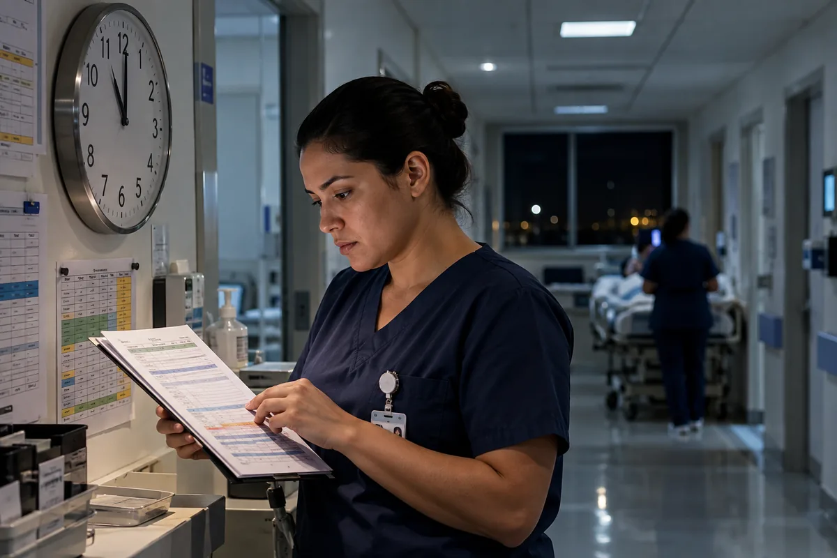 Profissional de enfermagem confere escala durante turno noturno em hospital