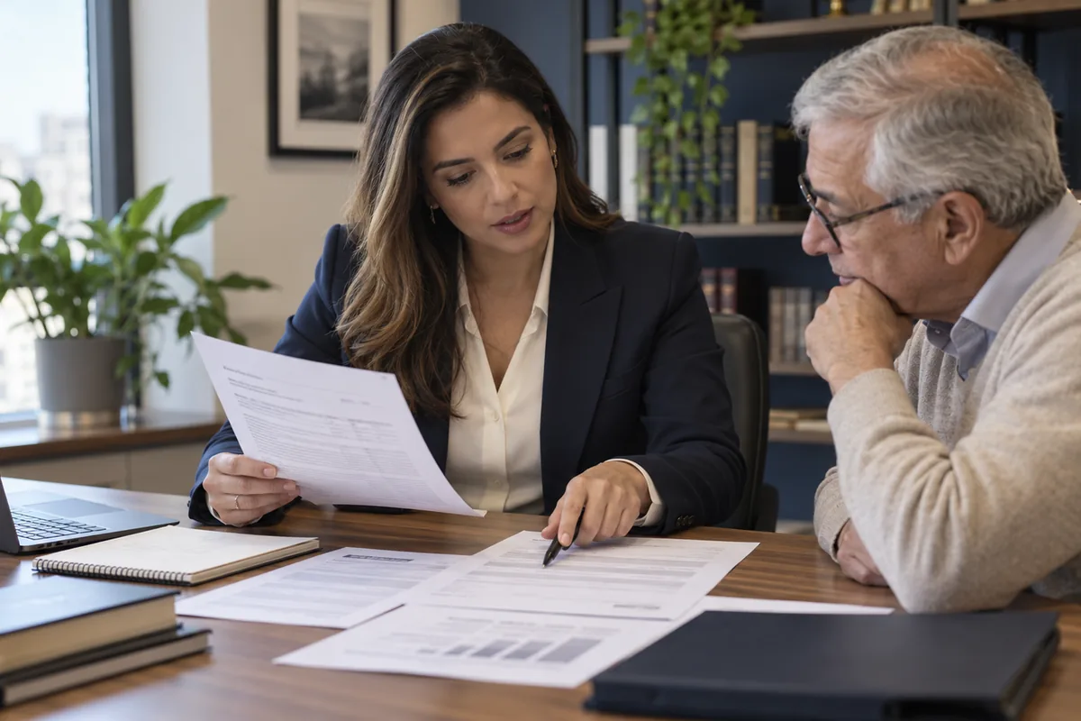 Advogada e cliente analisam documentos de revisão de benefício do INSS