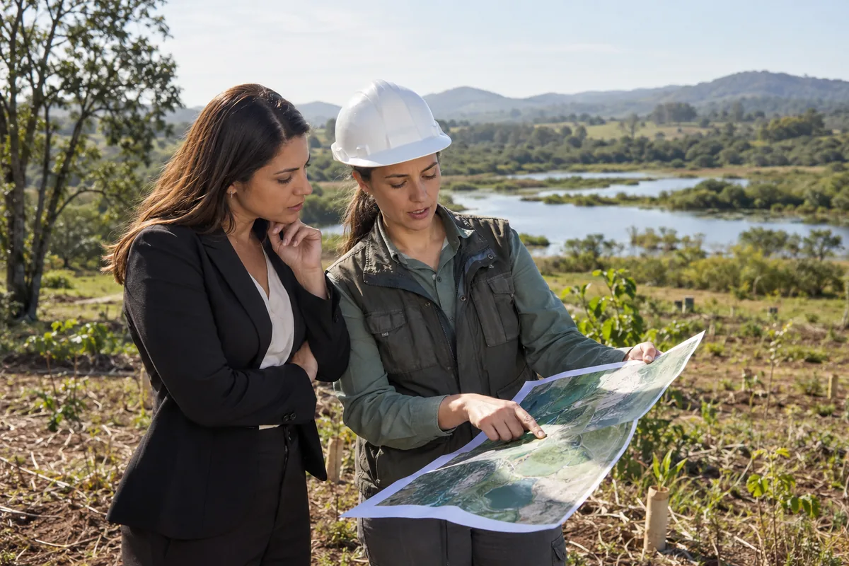 Advogada e engenheira ambiental analisam mapa em área de recuperação