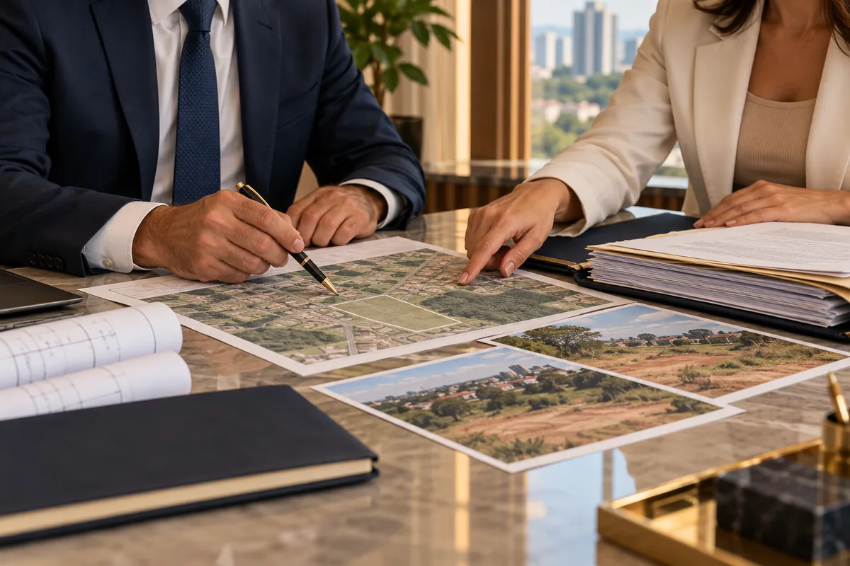 Advogado e profissional técnico analisam mapa e documentos fundiários