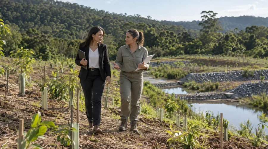 Advogada e profissional ambiental caminham em área em recuperação