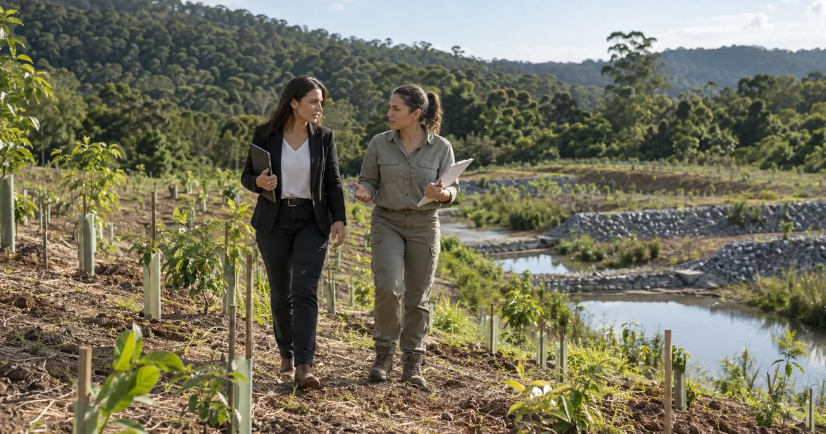 Advogada e profissional ambiental caminham em área em recuperação