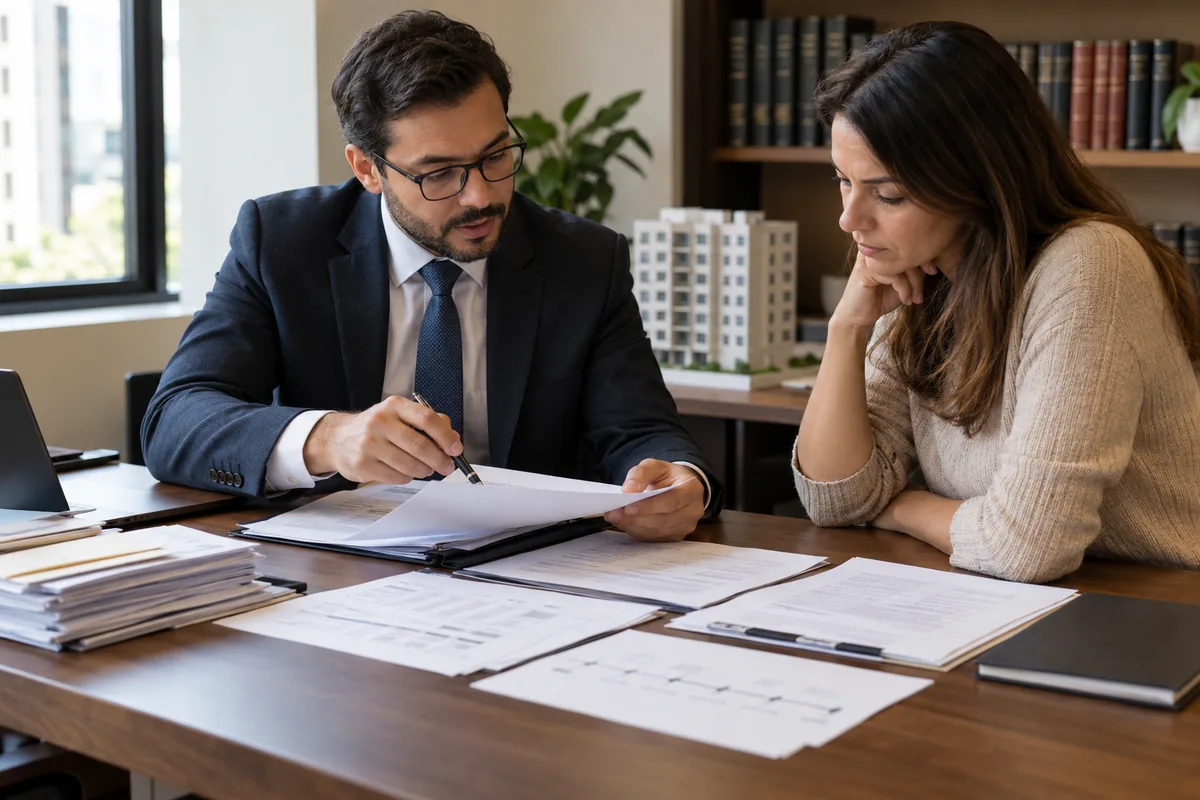 Advogado e cliente revisam documentos de dívida condominial