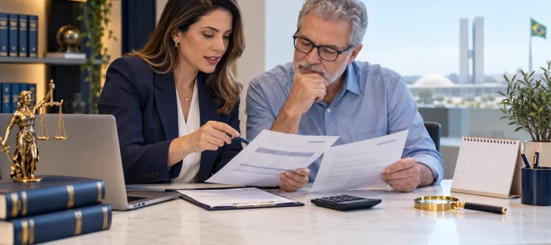 Advogada orienta cliente sobre revisão de benefício previdenciário