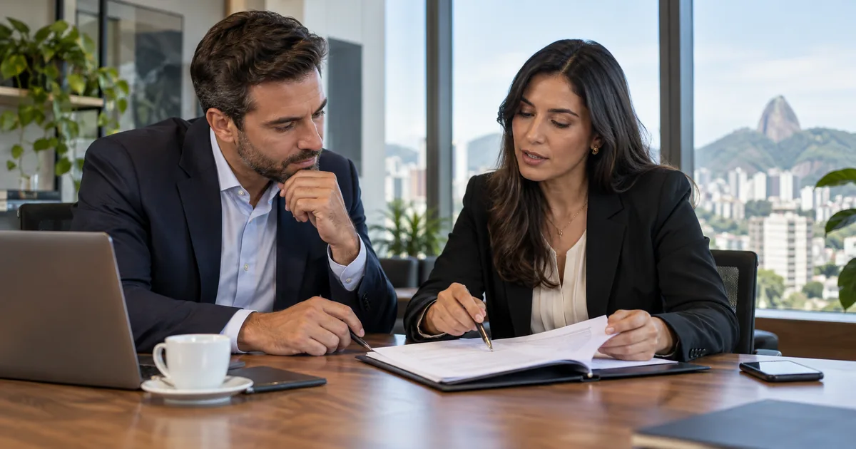 Advogada revisa contrato empresarial com cliente em reunião