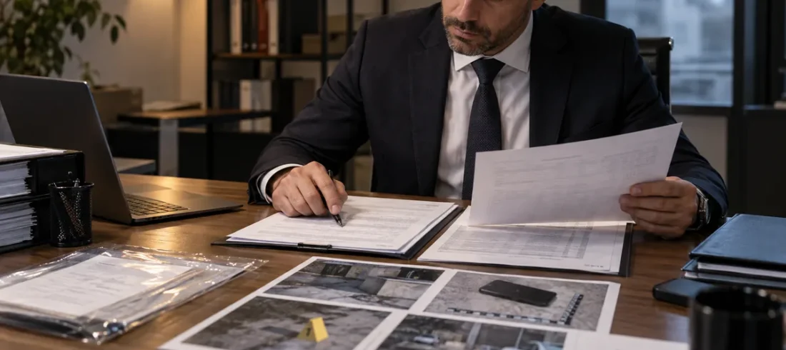 Advogado para defesa em tráfico de drogas Advogado revisa documentos e imagens para defesa em acusação de tráfico