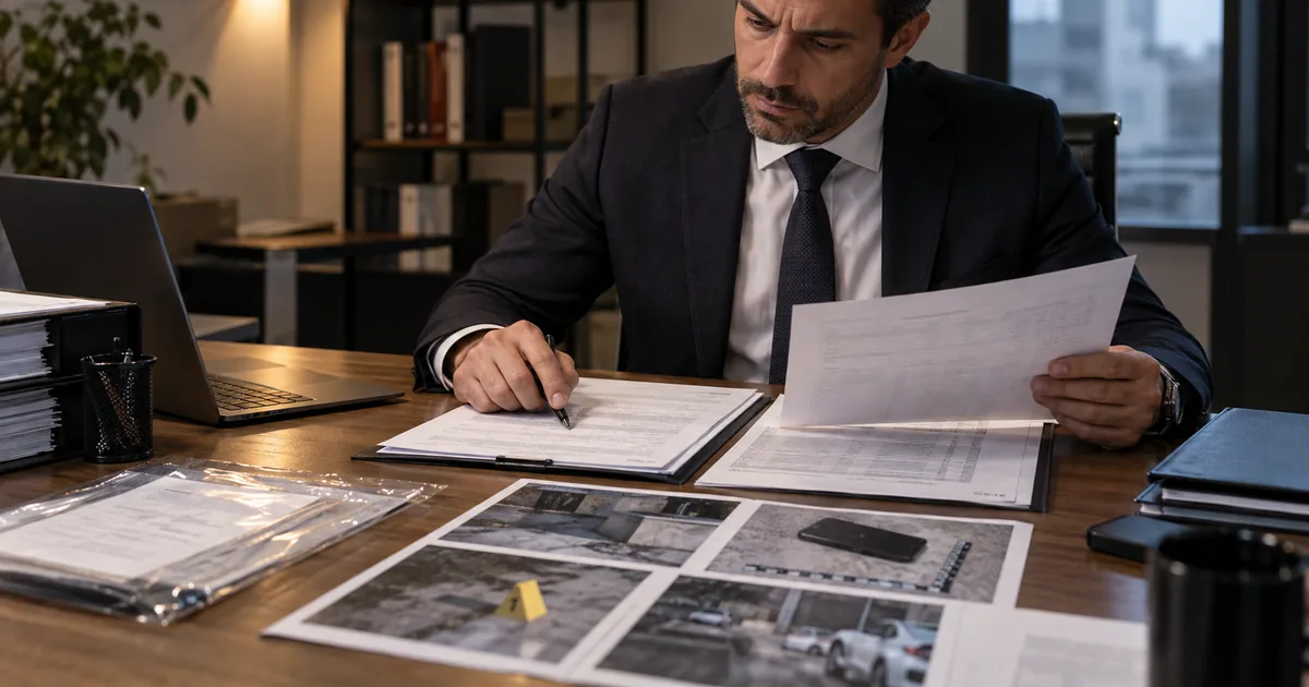 Advogado revisa documentos e imagens para defesa em acusação de tráfico
