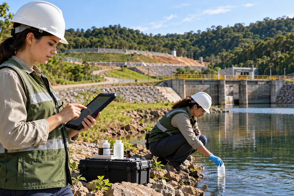 Técnicas ambientais registram dados e coletam água em campo