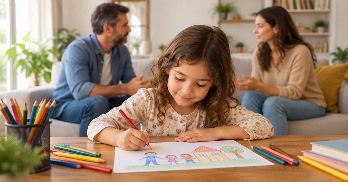 Criança desenha enquanto os pais conversam ao fundo