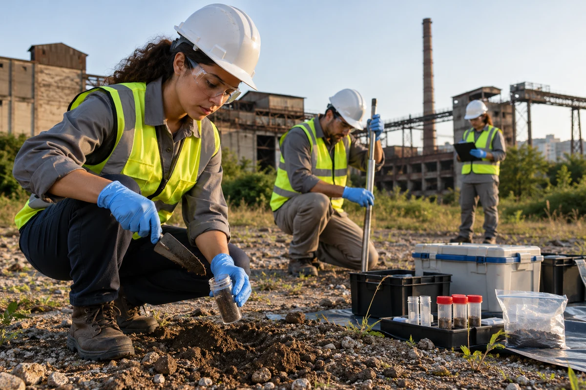 Equipe técnica coleta amostras de solo em antigo terreno industrial