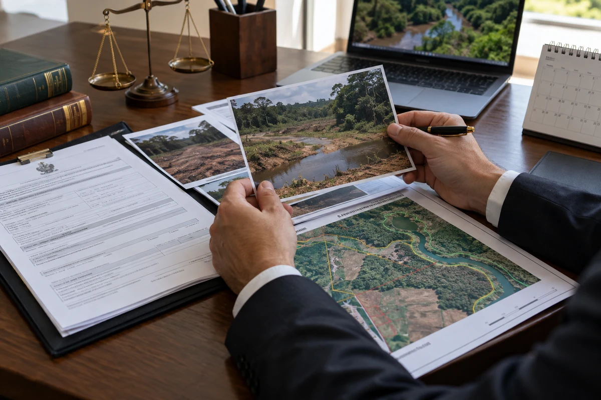 Advogado analisa auto, fotografias e mapa de área de preservação permanente