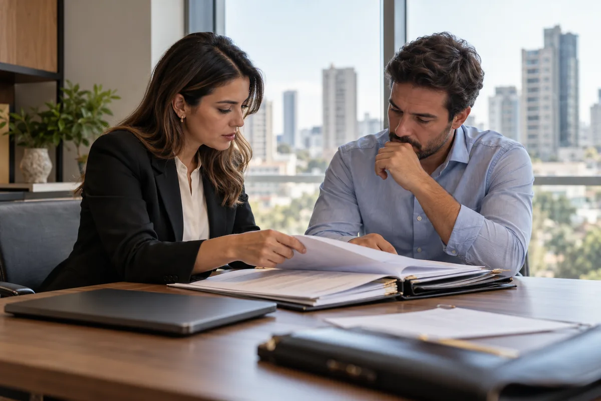 Advogada e comprador analisam certidões do vendedor do imóvel