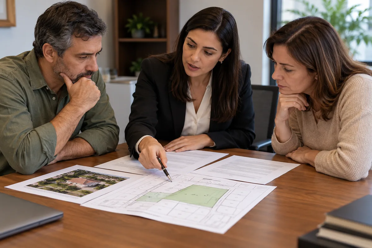 Advogada analisa matrícula contrato e planta com as partes
