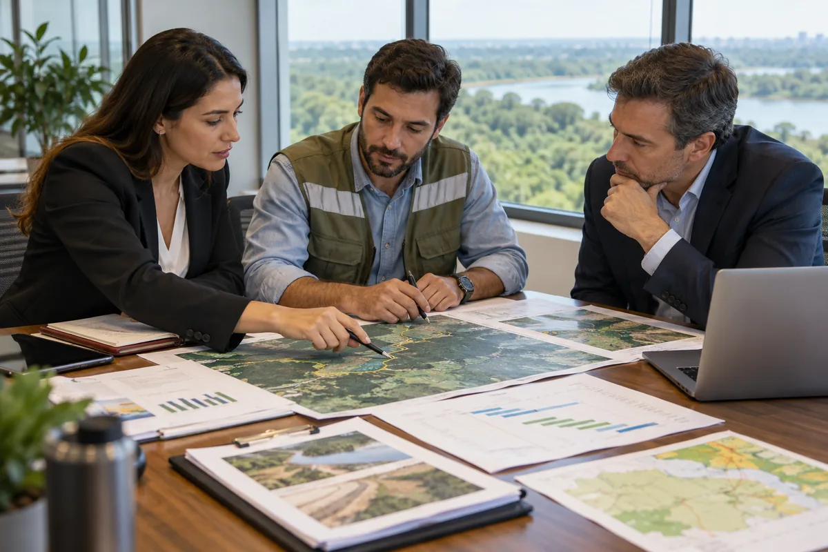 Advogada, engenheiro e gestor analisam mapas de recuperação ambiental