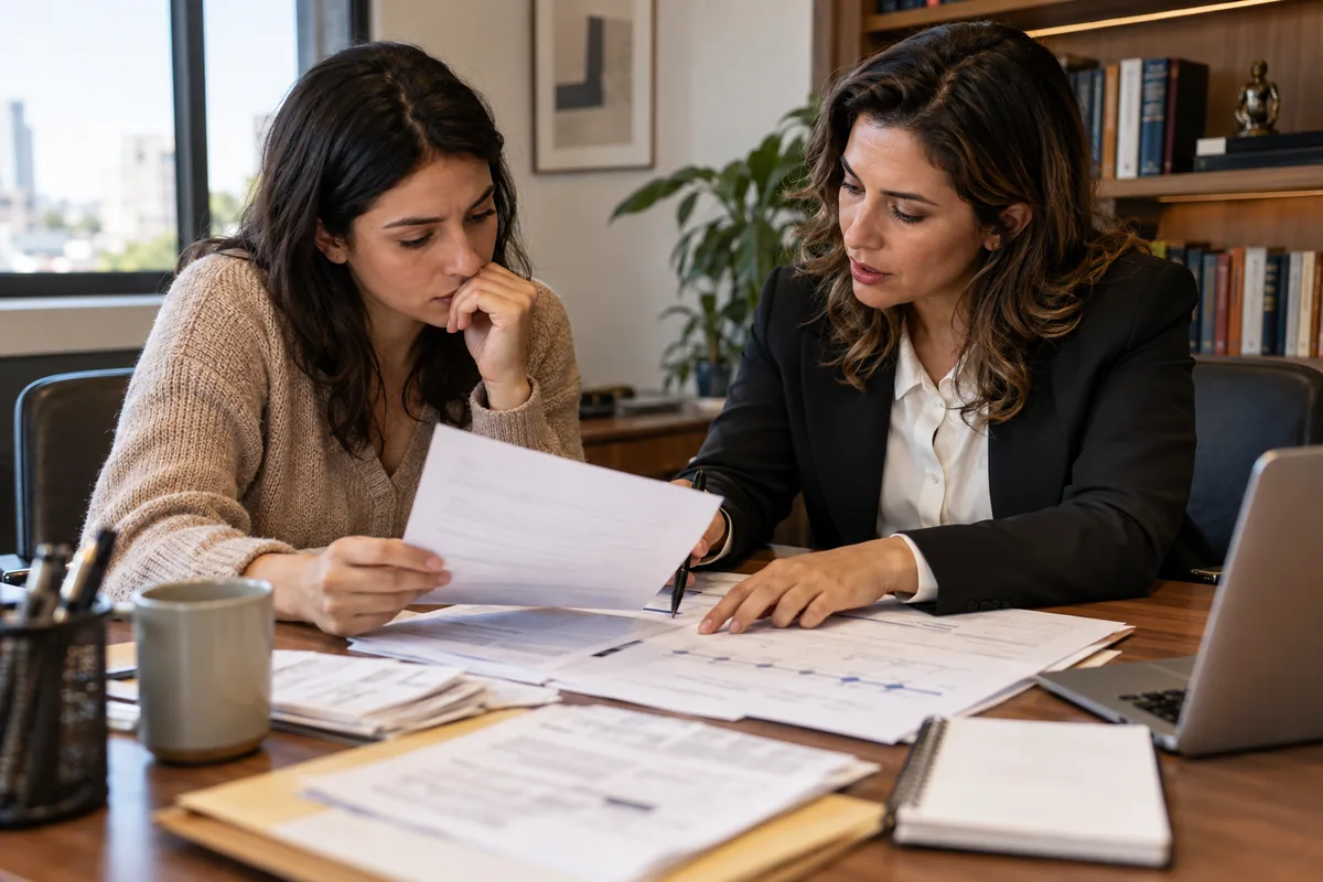 Advogada e inquilina analisam contrato e documentos para defesa em despejo