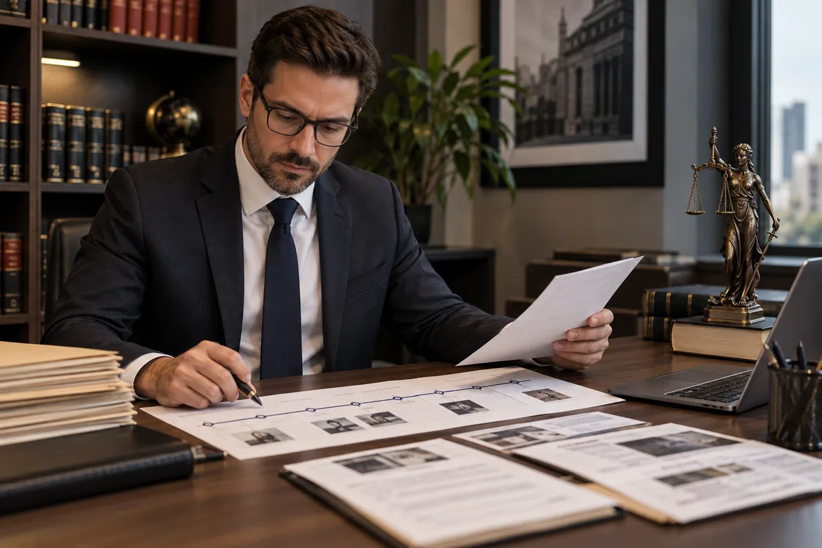 Profissional confere documentos e linha do tempo de um caso
