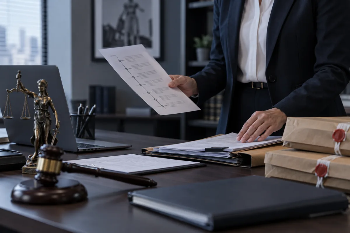 Profissional analisa cronologia e documentos de um processo penal
