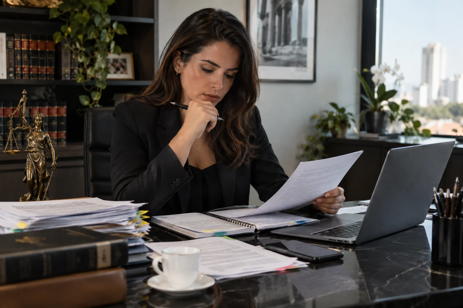 Advogada criminalista revisa documentos e registros digitais em caso sigiloso