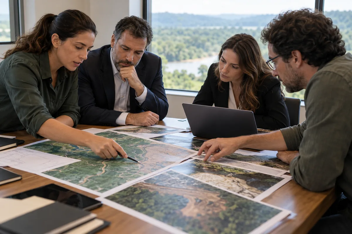 Equipe jurídica e ambiental analisa mapas e registros de vistoria