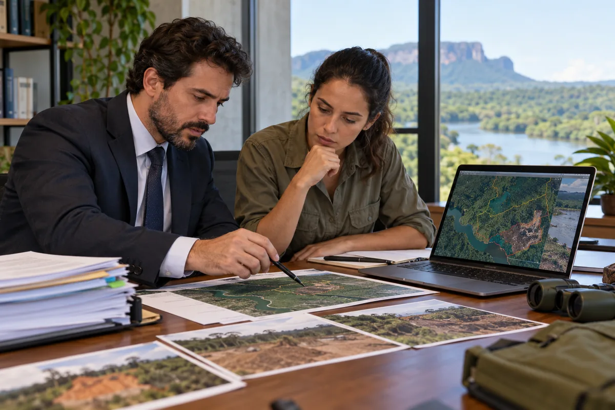 Advogado e especialista ambiental analisam mapa e fotografias do caso