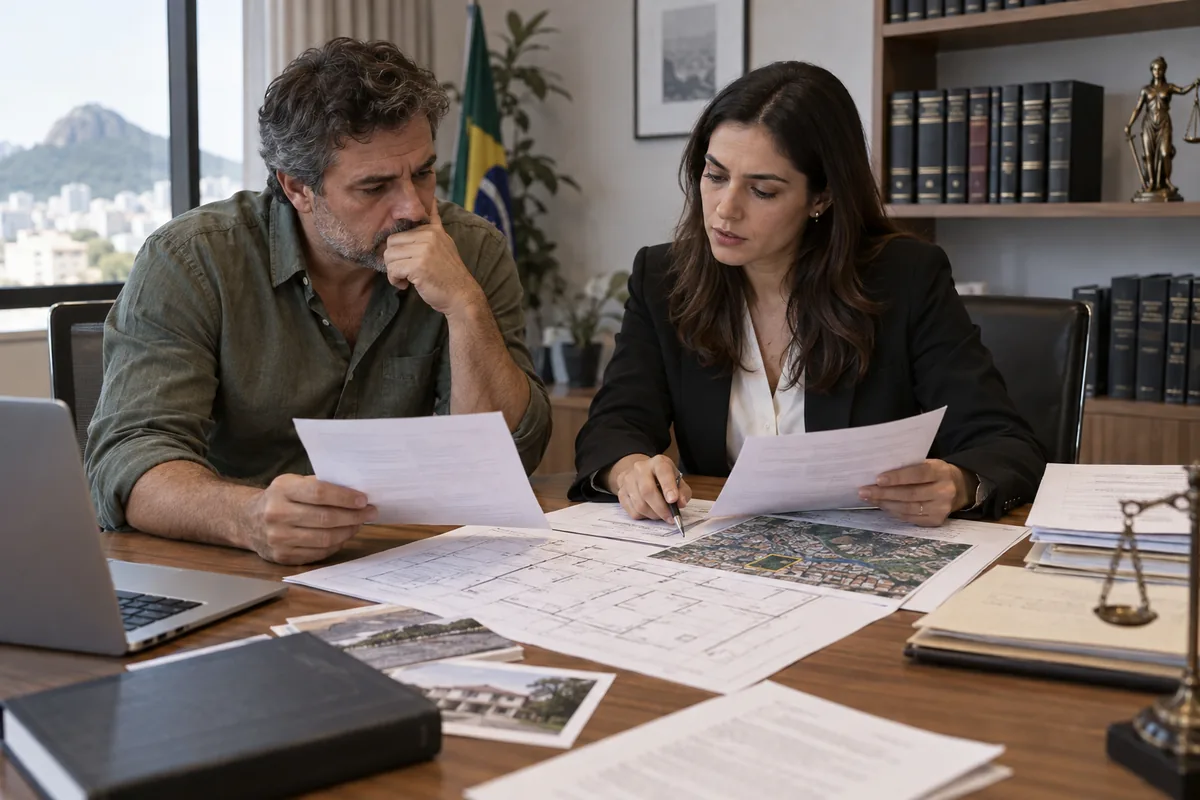 Advogada e proprietário analisam notificações, plantas e documentos do imóvel