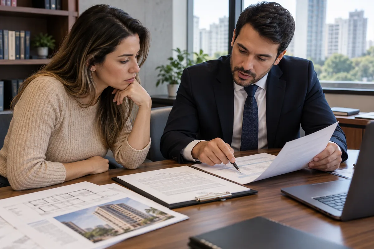 Compradora e advogado analisam contrato de distrato imobiliário