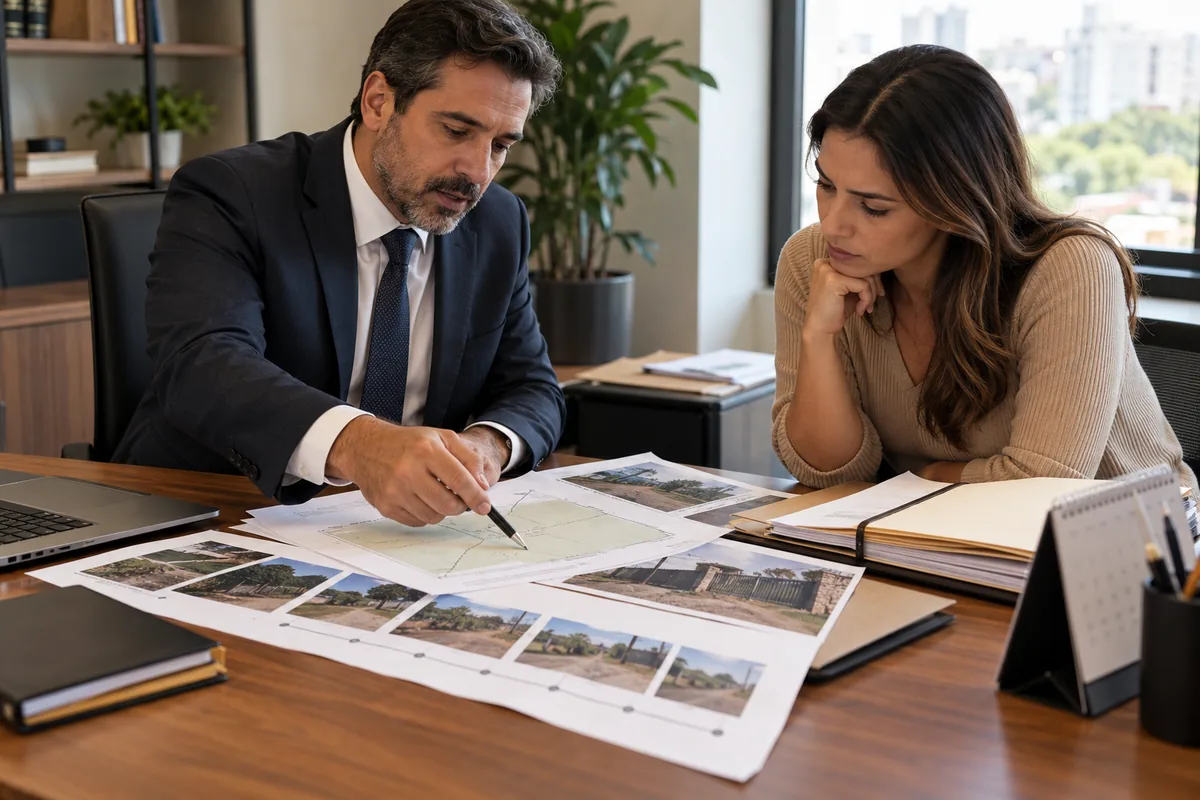 Advogado e cliente analisam mapa, fotografias e cronologia de conflito sobre imóvel