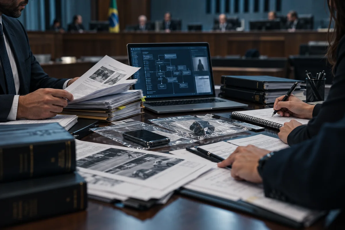 Equipe jurídica revisa provas digitais e documentos de inquérito policial
