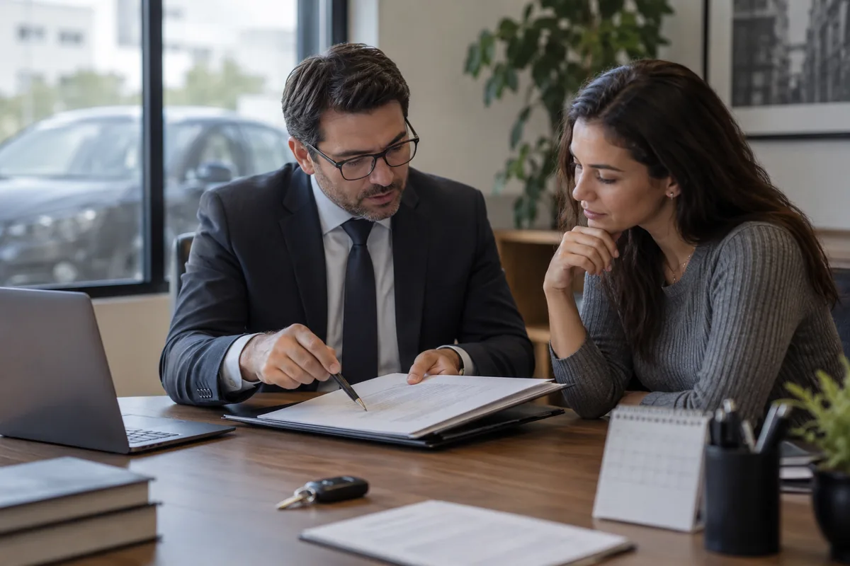 Advogado e cliente analisam contrato de financiamento veicular