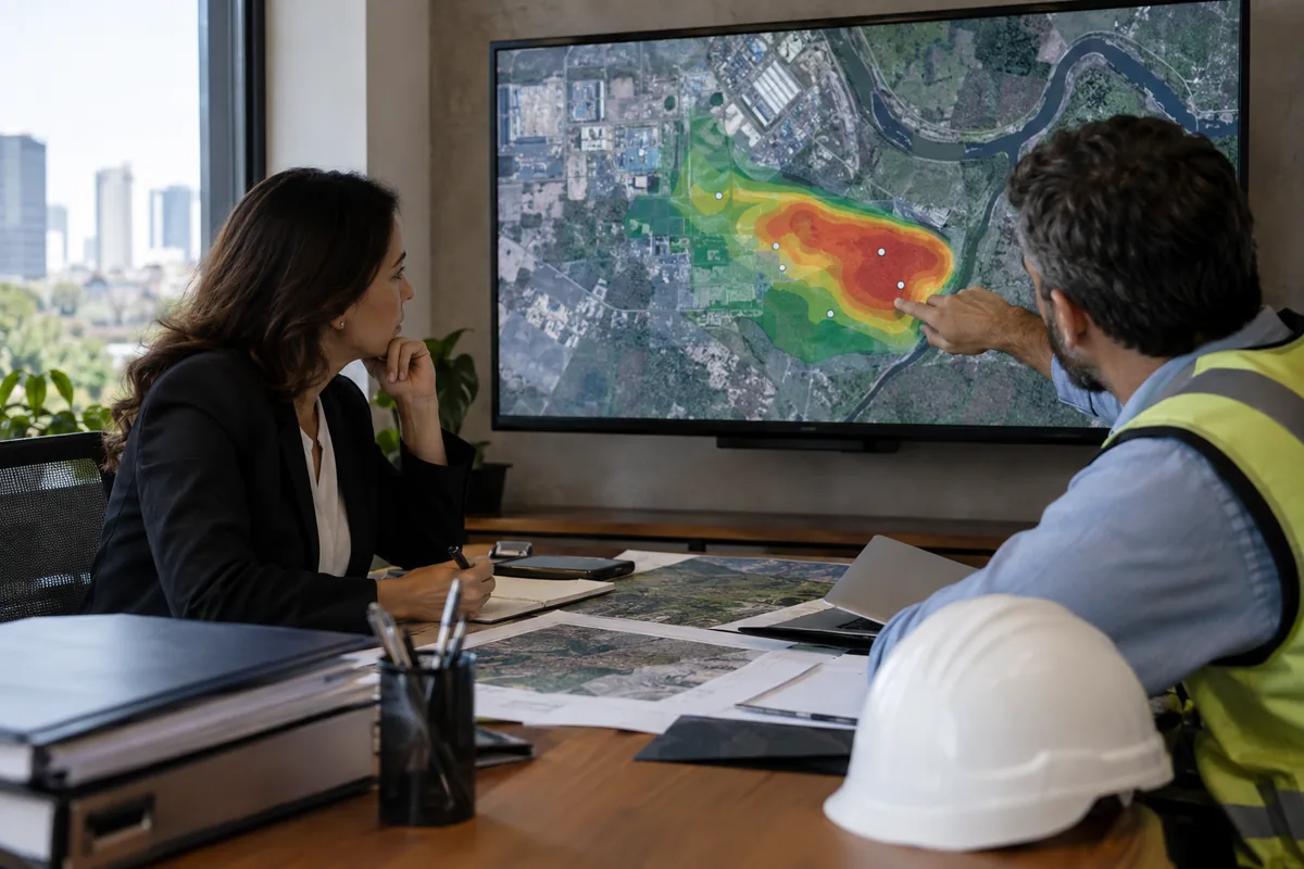 Advogada e engenheiro analisam mapa de contaminação ambiental