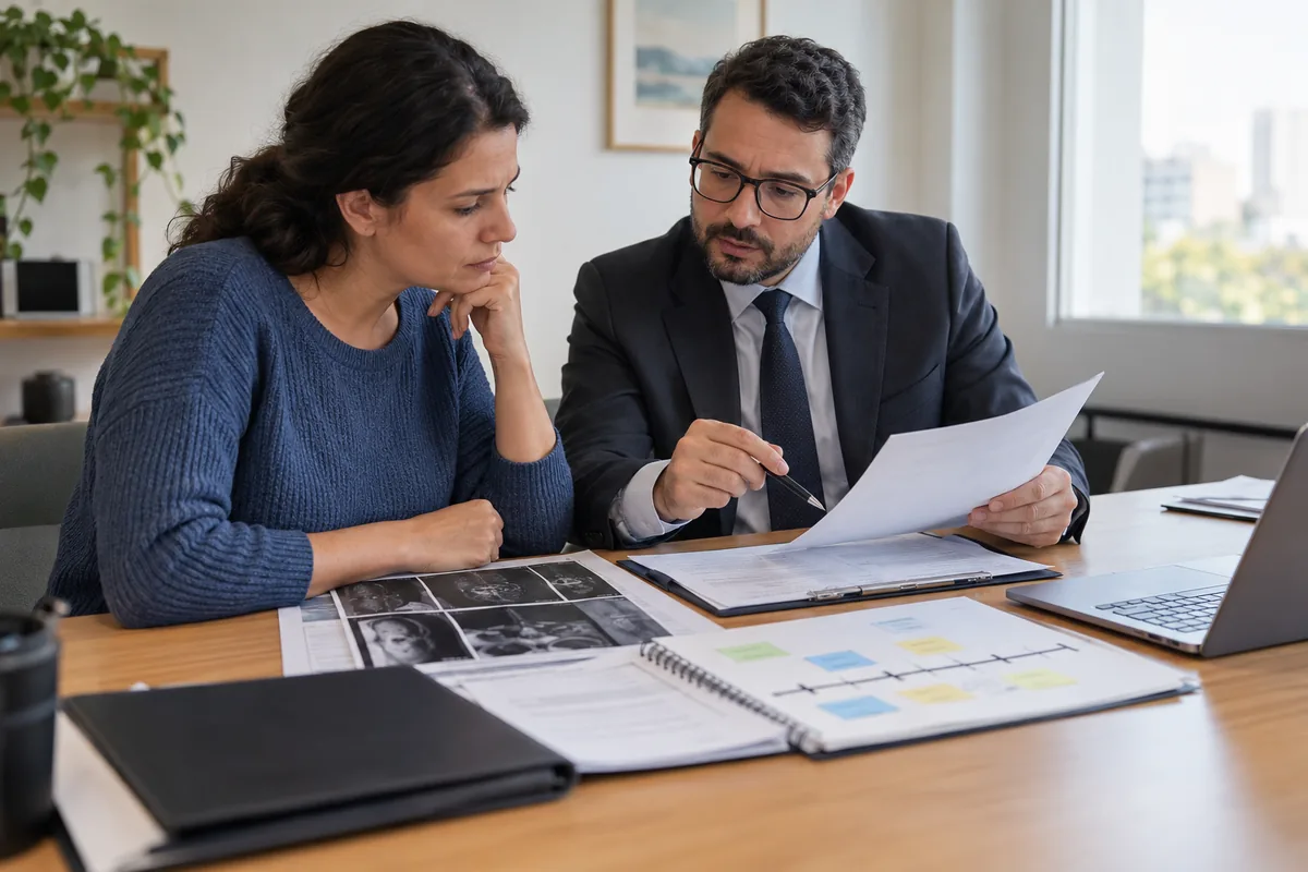 Advogado e paciente analisam prontuário e linha do tempo clínica