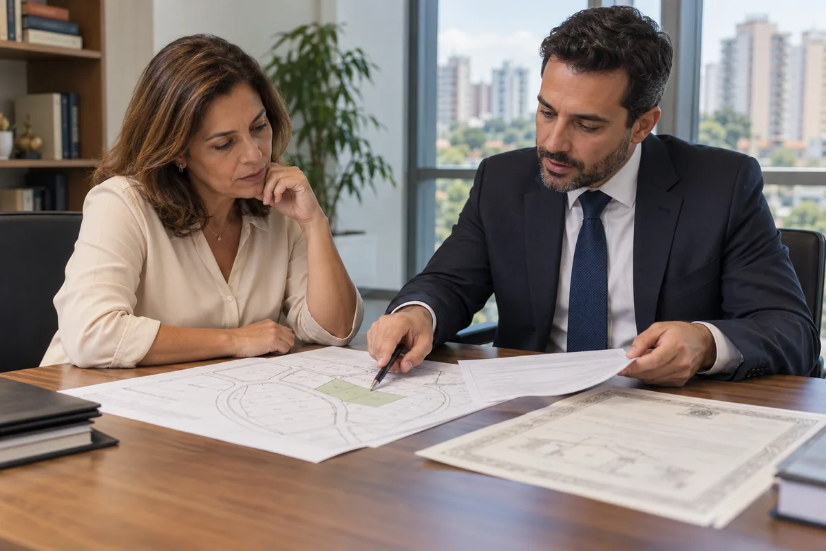 Proprietária e advogado analisam matrícula e planta para ação reivindicatória