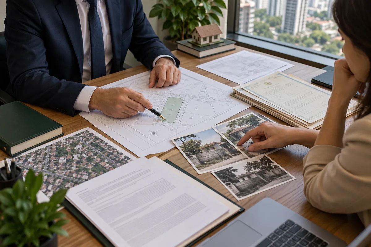 Advogado compara planta, certidões e fotografias do imóvel