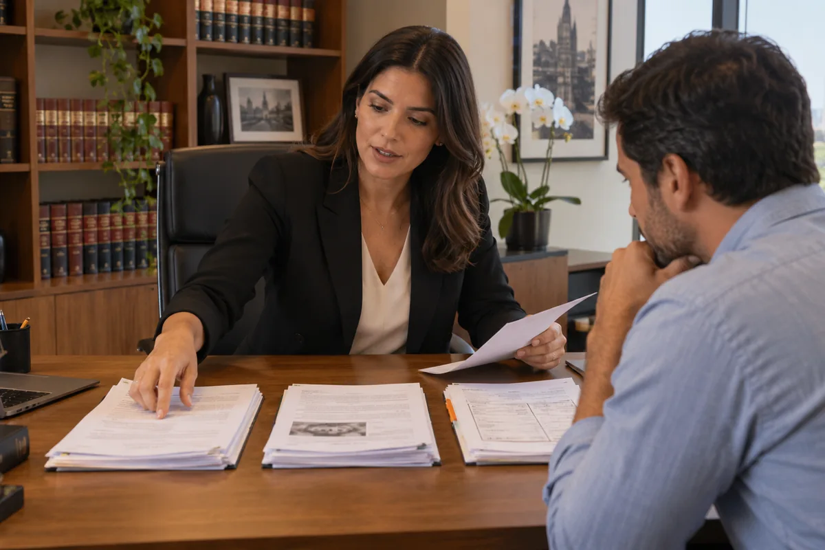 Advogada organiza documentos com cliente após negativa previdenciária