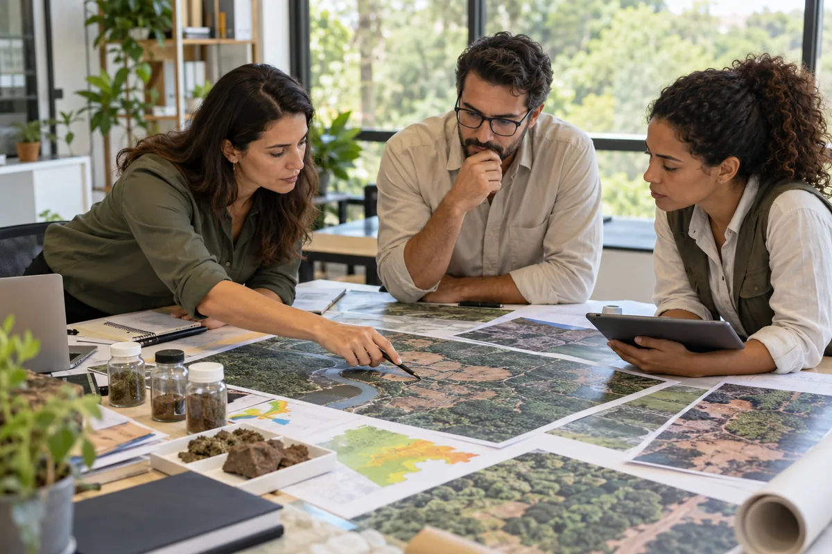 Equipe técnica analisa mapas e amostras para avaliar um dano ambiental