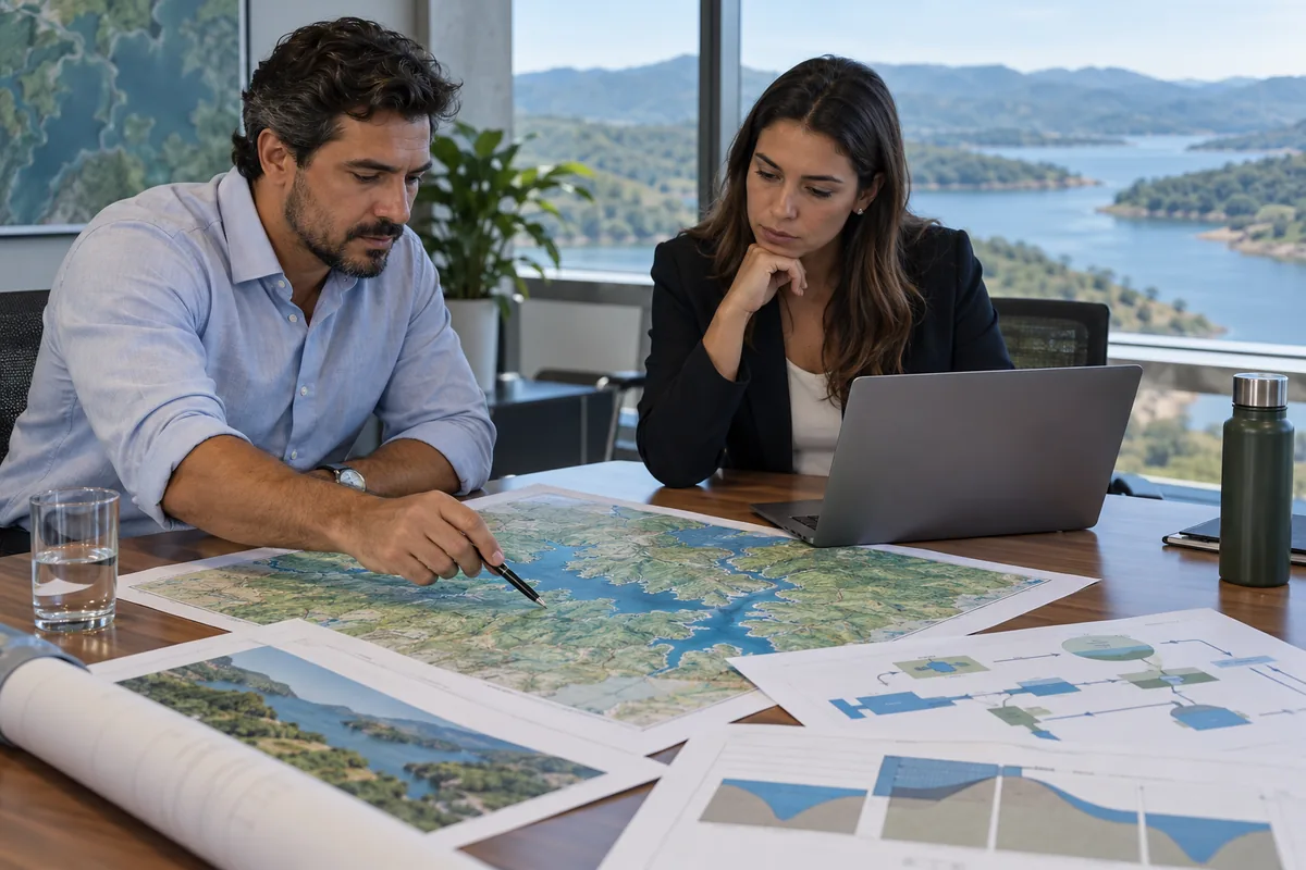 Profissionais analisam mapa e dados para regularização do uso da água