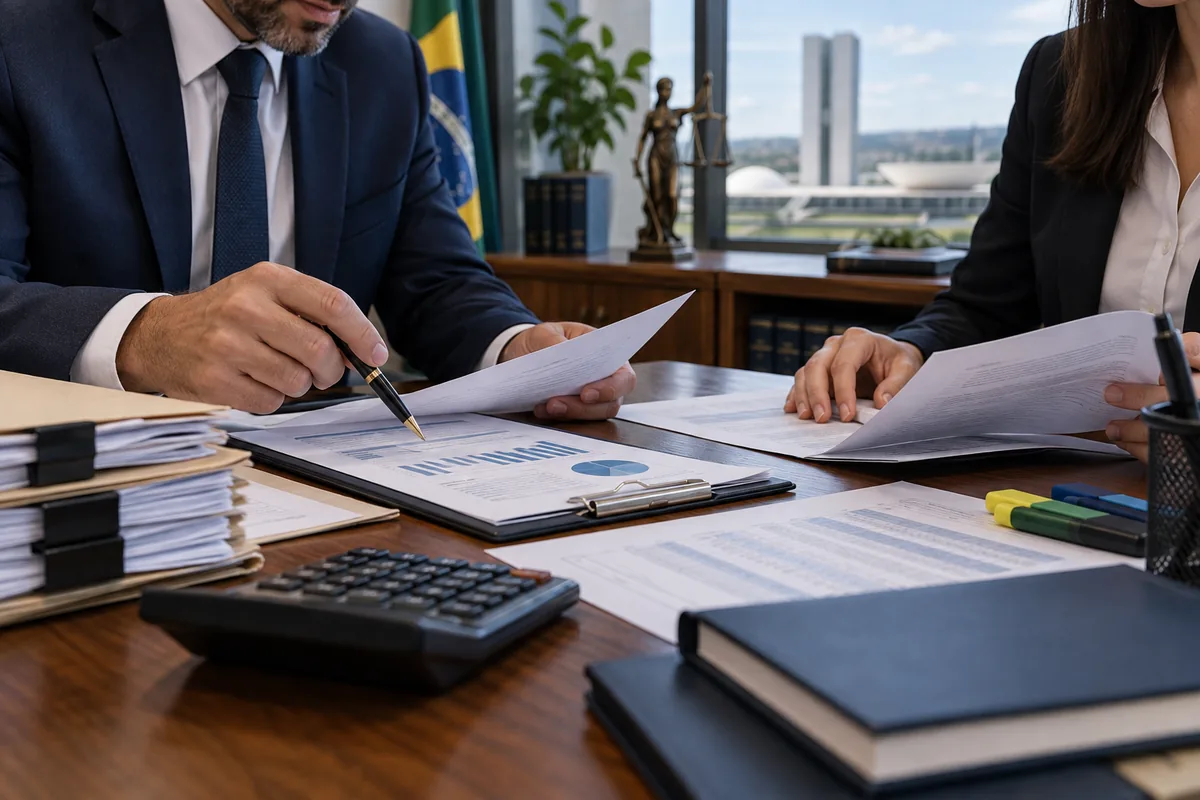 Profissionais analisam documentos financeiros e registros públicos