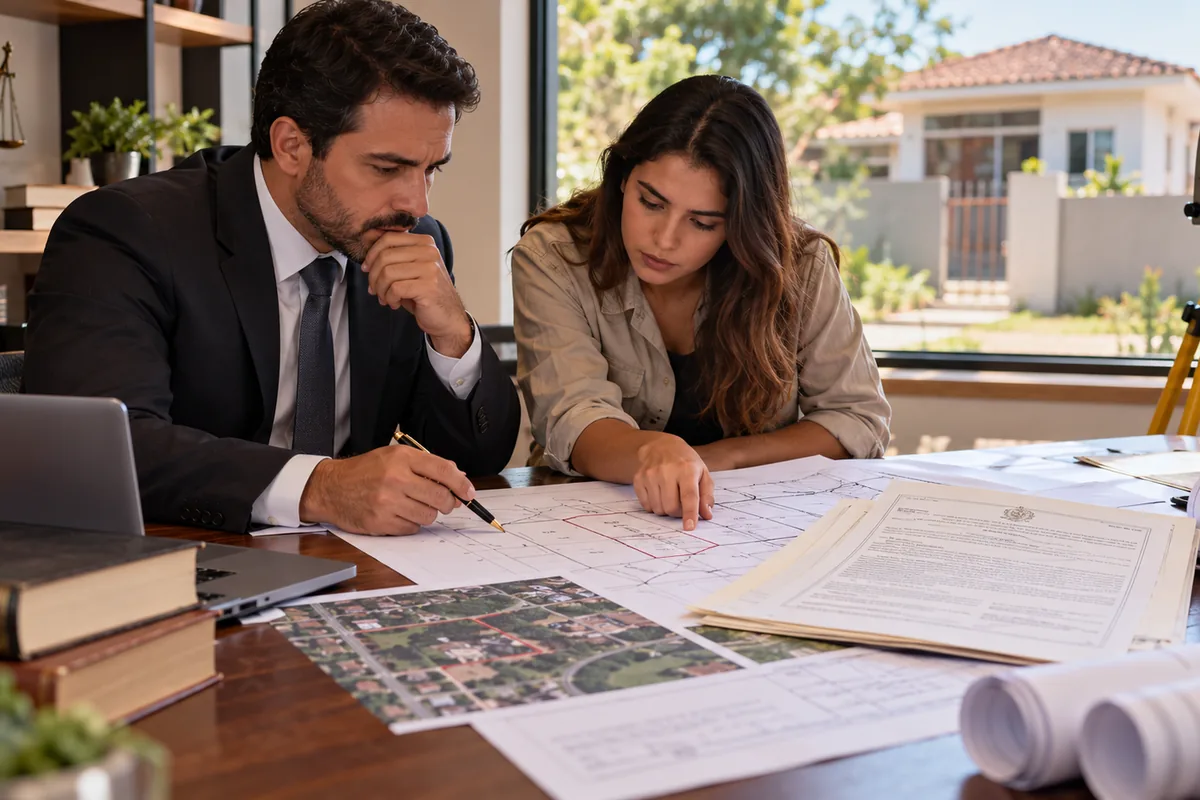 Advogado e topógrafa analisam planta de imóvel com herdeiros ausentes