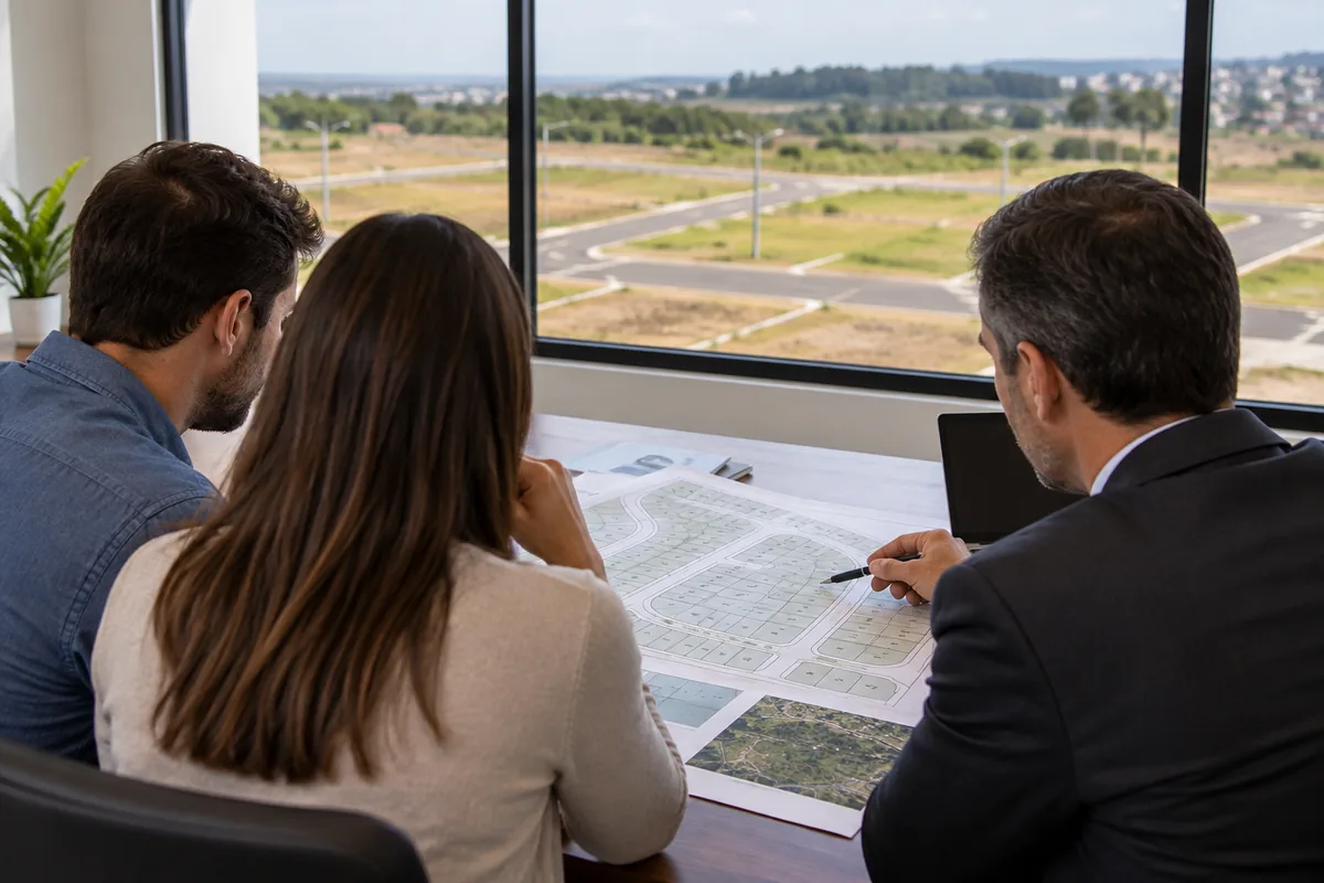 Casal analisa planta de loteamento com profissional do setor imobiliário