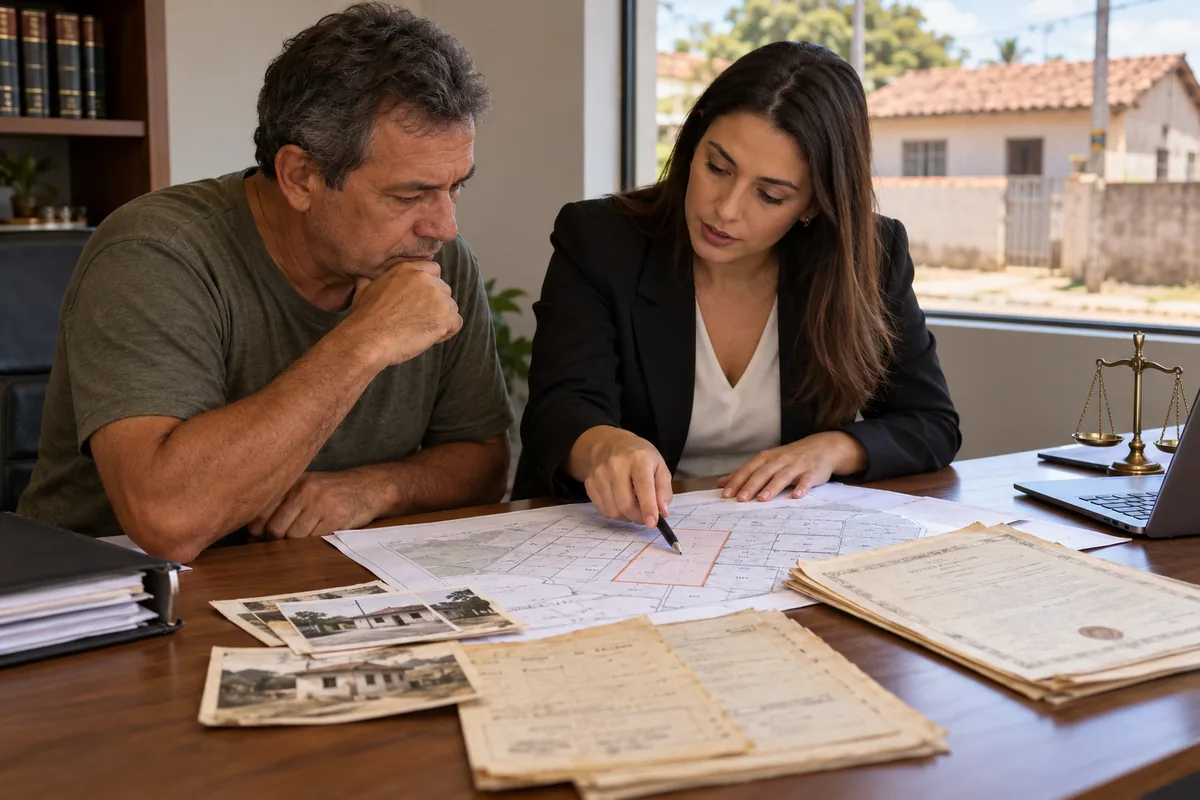 Possuidor e advogada analisam documentos e mapa do imóvel para usucapião