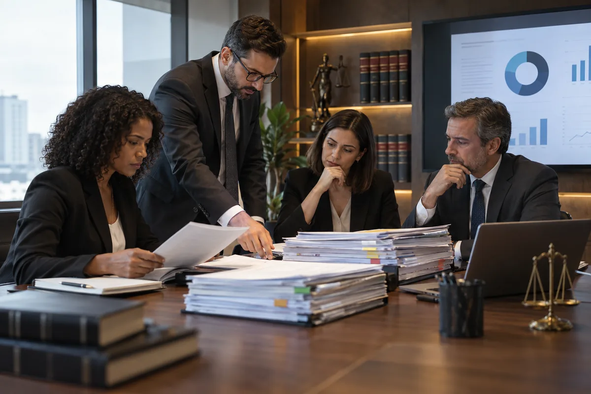 Equipe jurídica revisa documentos e dados de processo volumoso