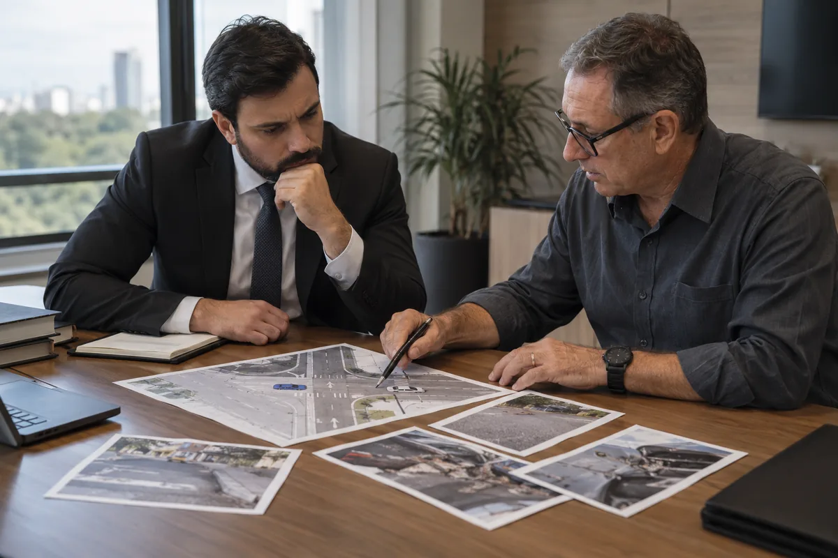 Advogado e perito analisam mapa e fotografias de acidente de trânsito