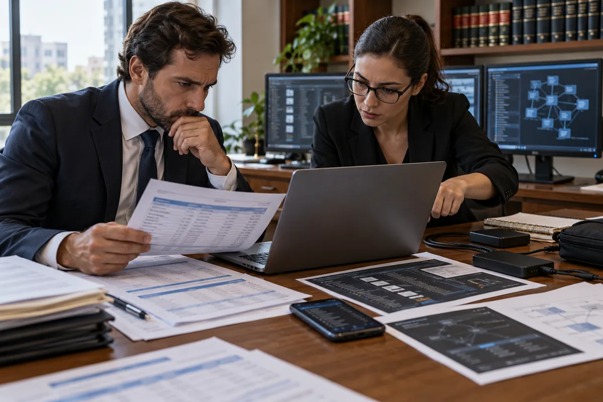 Advogada e analista examinam registros digitais e bancários