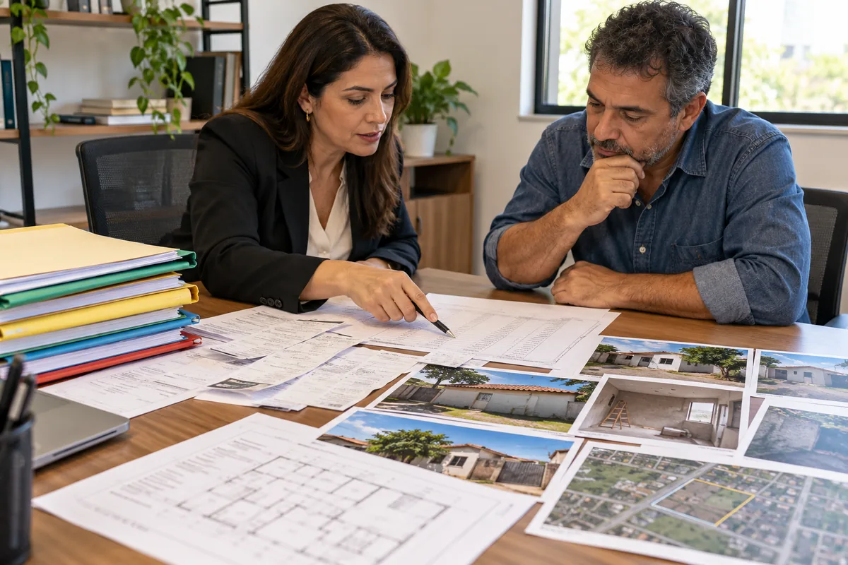 Advogada e cliente analisam comprovantes e fotografias de um imóvel