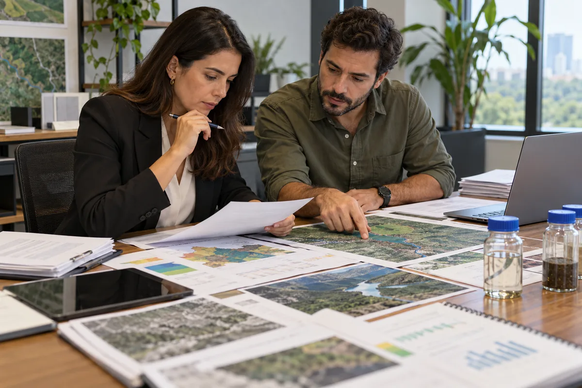 Advogada e especialista analisam mapas e dados para perícia ambiental