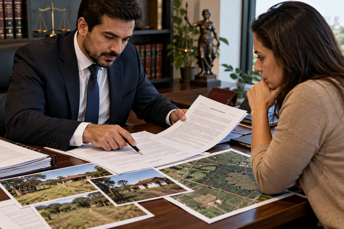 Advogado e cliente analisam documentos para recuperar posse de imóvel