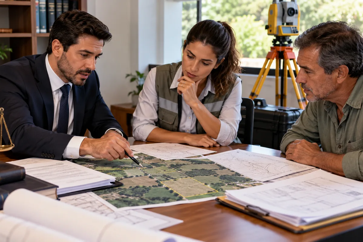 Advogado topógrafa e cliente analisam regularização de terreno