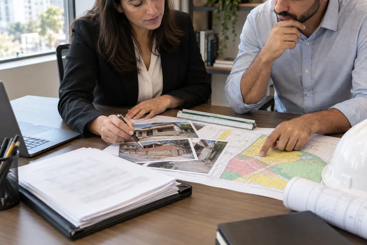 Advogada e engenheiro analisam fotografias e mapa urbanístico