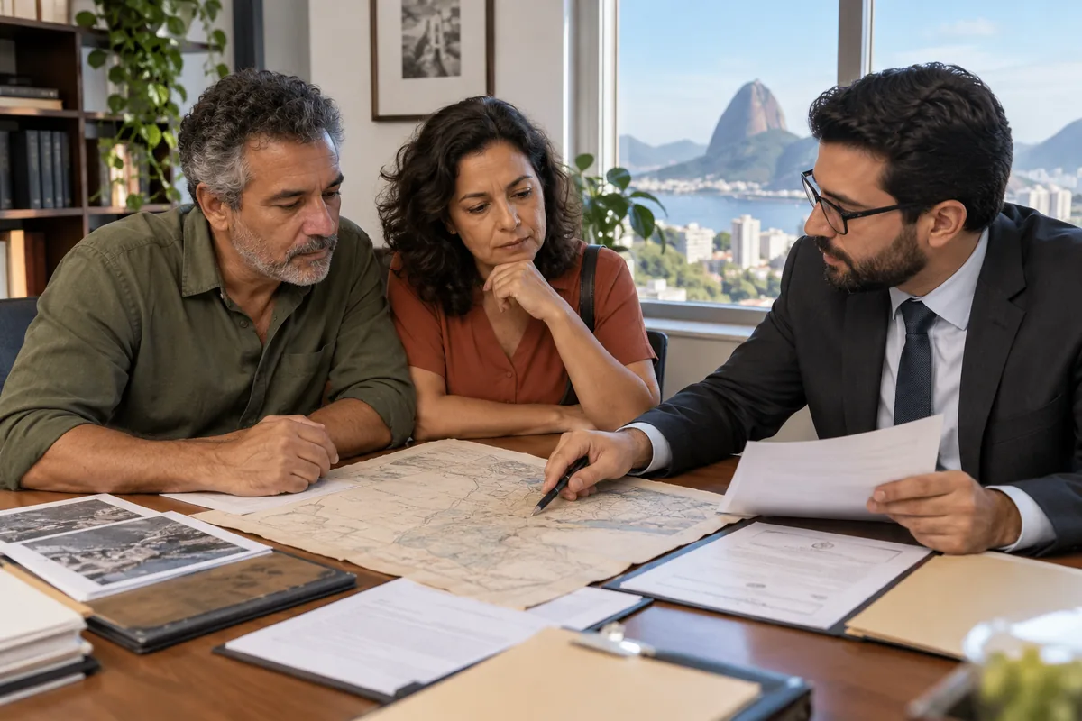 Casal analisa documentos de usucapião com advogado no Rio de Janeiro